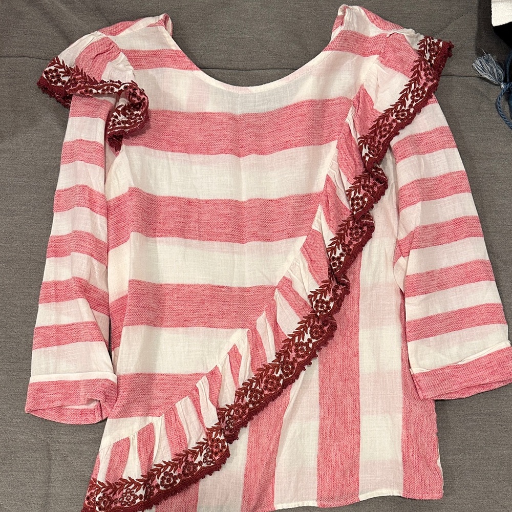 Striped Pink and White Blouse with Ruffle Detail